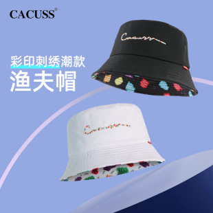 显脸小防晒遮阳大头围涂鸦印花盆帽潮 CACUSS帽子女渔夫帽春夏新款