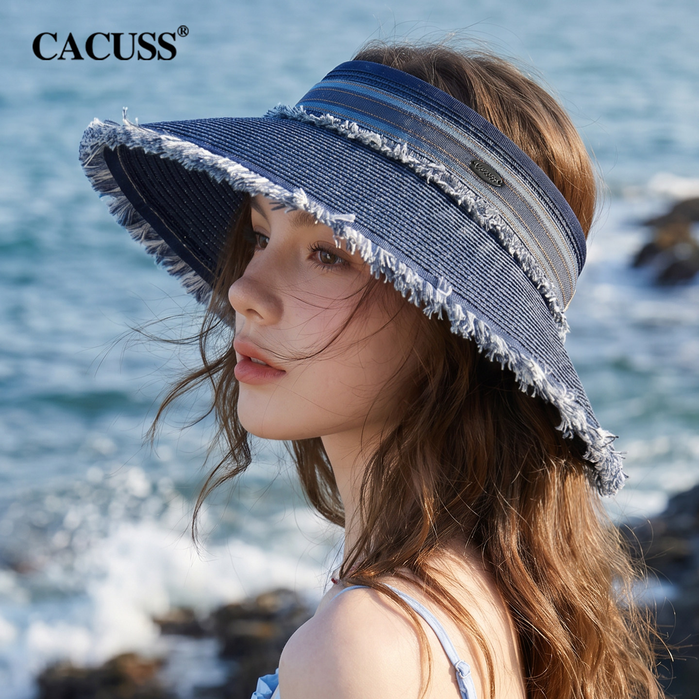 CACUSS牛仔毛边草编空顶帽女夏季大帽檐户外遮阳帽子度假风太阳帽
