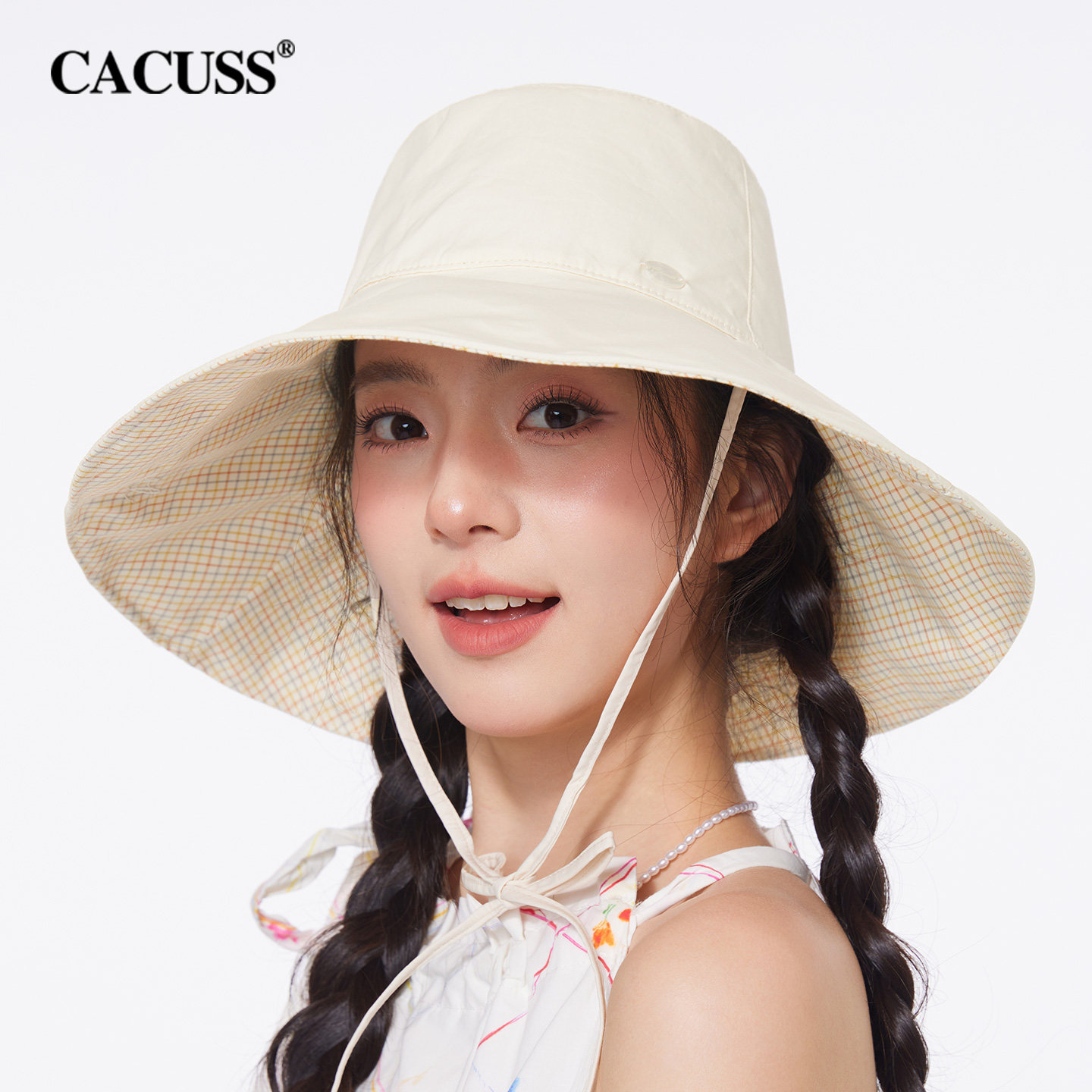 CACUSS双面戴遮阳帽女春夏新款透气防晒格纹帽子户外大帽檐渔夫帽