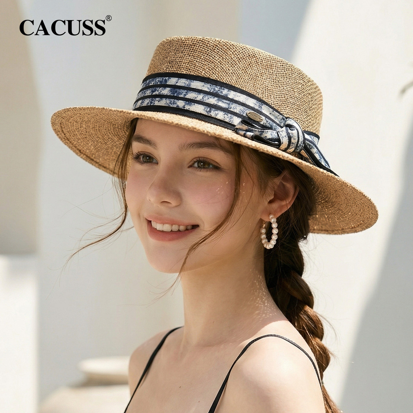 CACUSS草帽女款夏季国风帽子户外平檐礼帽草编遮阳帽显脸小太阳帽