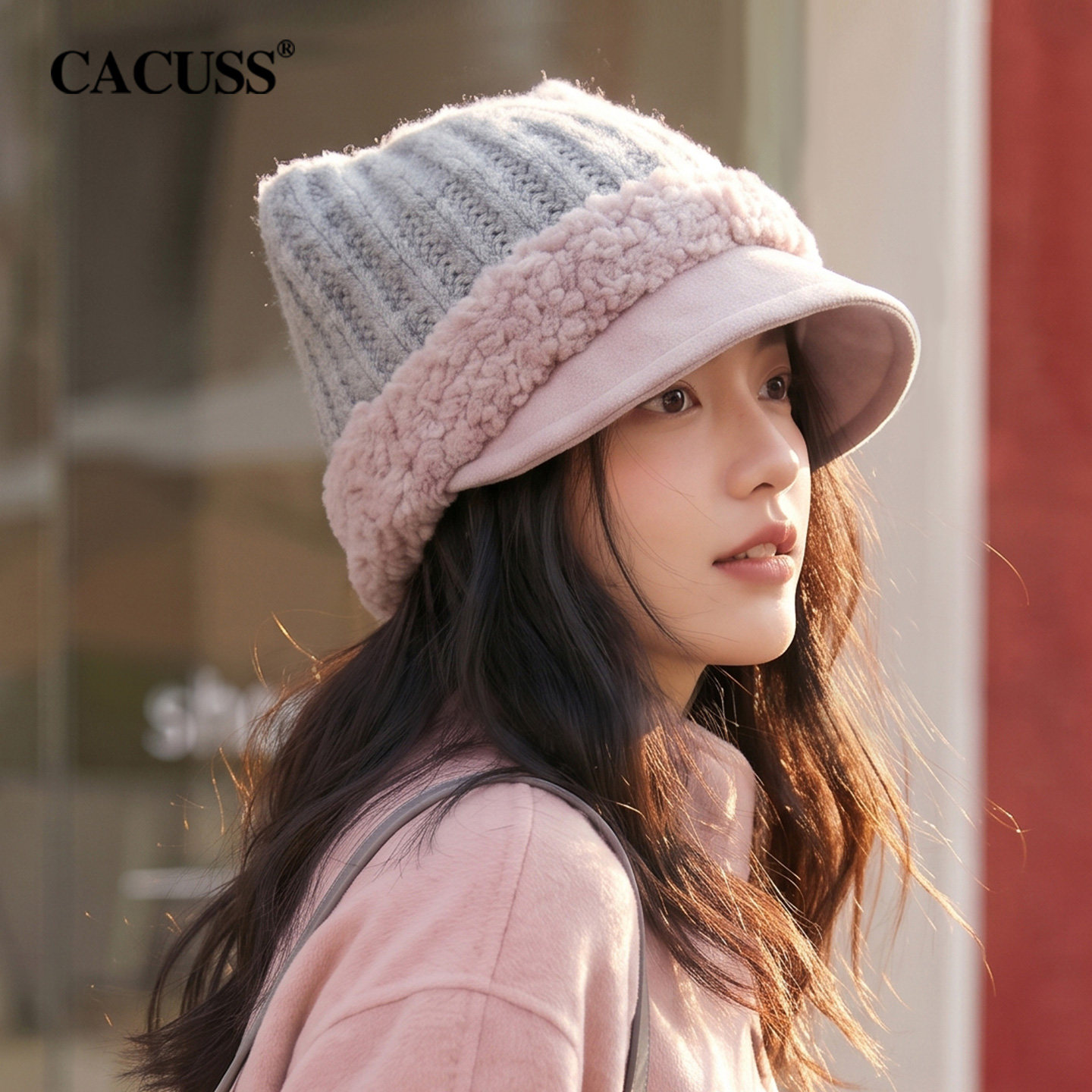 CACUSS可爱猫耳针织帽女款秋冬短檐冷帽显脸小帽子户外保暖毛线帽