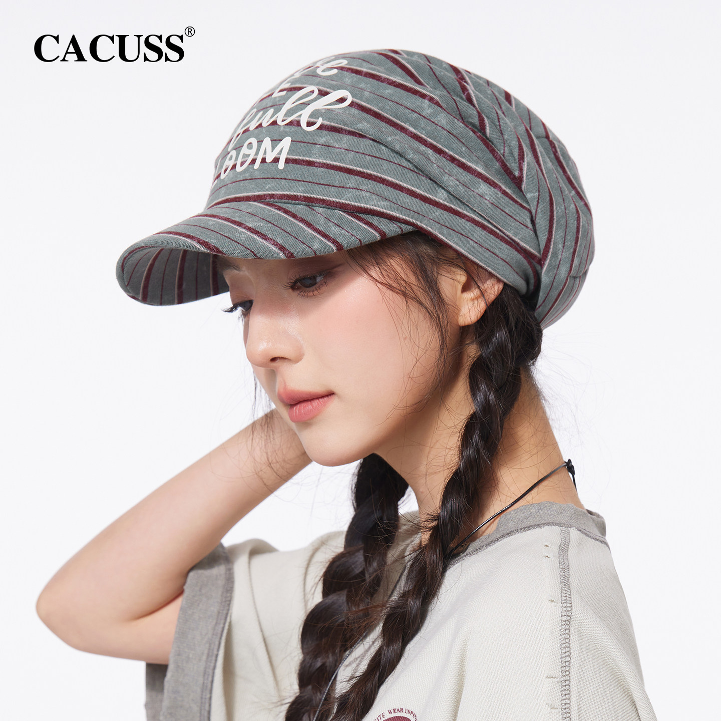 CACUSS条纹滑板帽子女春夏包头堆堆帽复古棒球帽显脸小鸭舌头巾帽