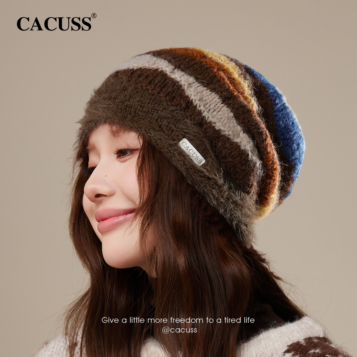 CACUSS冬季慵懒感拼色堆堆帽女士