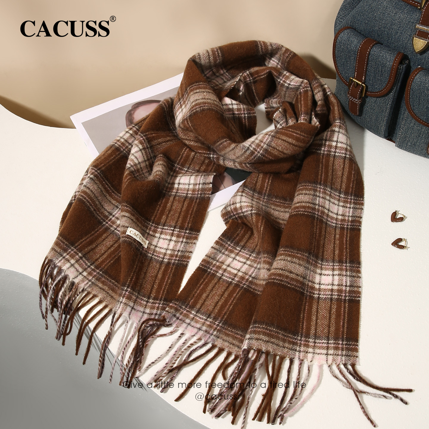 CABUSS冬季纯羊毛格纹流苏围巾女