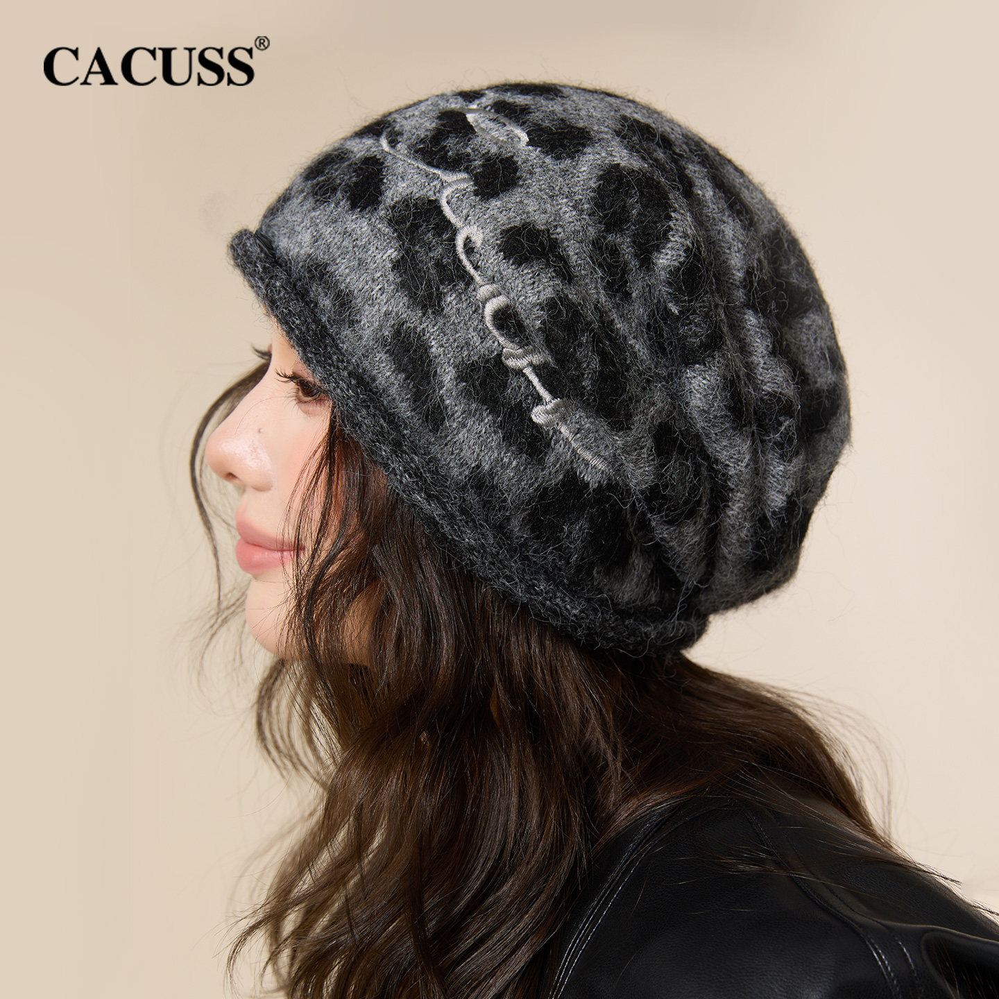 CACUSS帽子豹纹针织堆堆帽女冬显脸小包头帽大头围冷帽保暖毛线帽