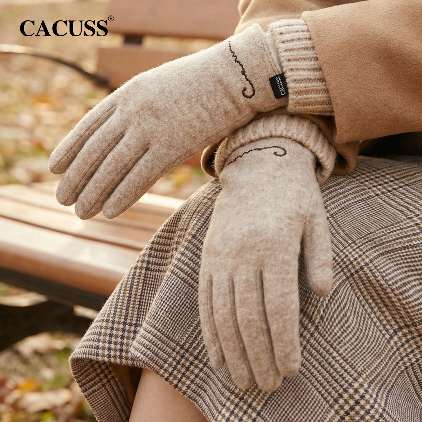 CACUSS新款羊毛手套女士冬季加绒加厚骑行防寒保暖可触屏分指手套