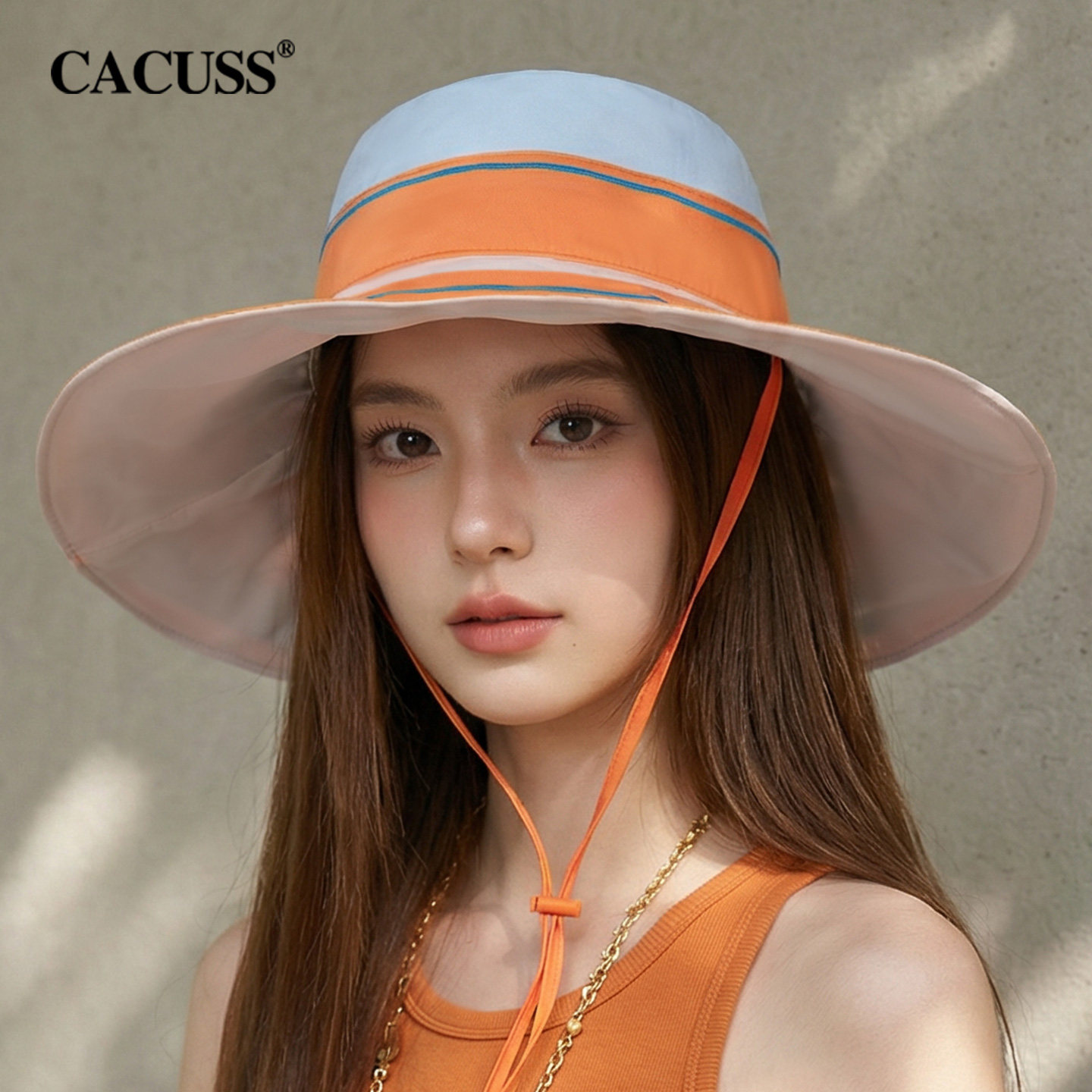CACUSS遮阳帽女夏季新款加大帽檐户外沙滩纯棉护颈遮脸防晒太阳帽