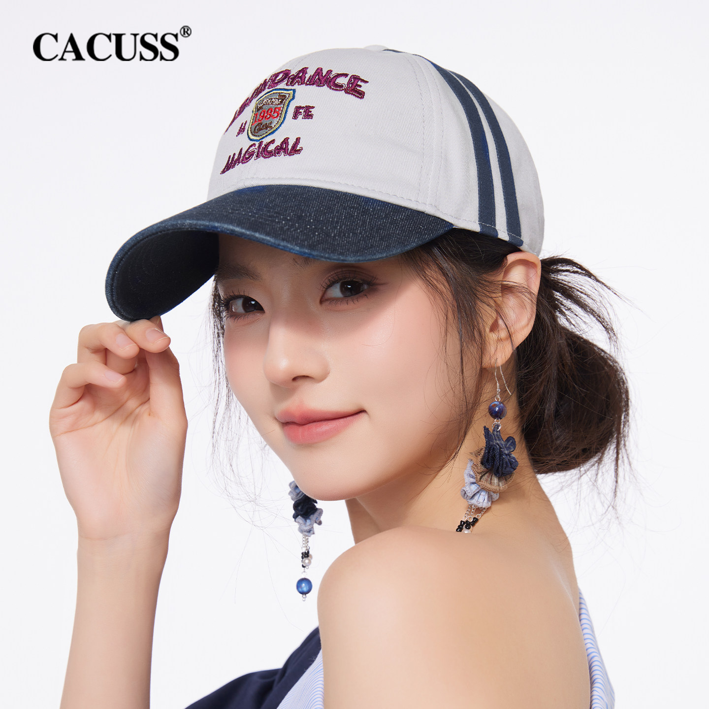 CACUSS鸭舌帽女春夏美式复古撞色刺绣牛仔棒球帽纯棉软顶徽章帽子