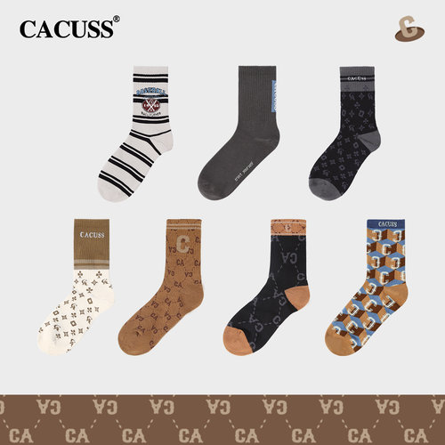 CACUSS女中筒袜春季复古高弹字母