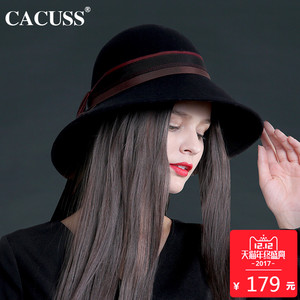cacuss秋冬新款大檐百分百加厚澳洲纯羊毛礼帽高贵优雅飘带圆顶帽