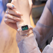 vintage中古风天然珍珠手链方形小香风手表贝母小表盘小众小绿表