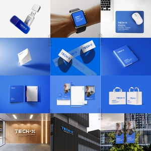 24款高端提案PS信息科技办公档案袋门牌导视形象墙VI样机logo贴图