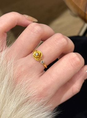 PURE新中式玫瑰花戒指女轻奢高级感镶钻精致立体小众设计开口指环
