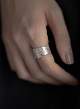 PURE新中式浮萍花瓣戒指女老银色做旧古典旗袍汉服配饰开口食指戒