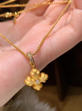 PURE轻奢法式复古时尚拉丝胖嘟嘟鸢尾花项链镶钻吊坠精致锁骨链