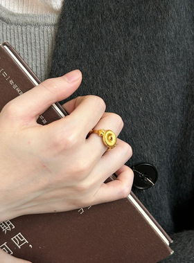PURE红宝金饼戒指Vintage中古拉丝平安扣古法黄金色向日葵食指戒