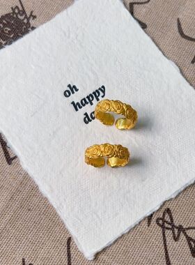PURE玫瑰花戒指女开口幸运花指环新中式国风花朵戒指古法金食指戒