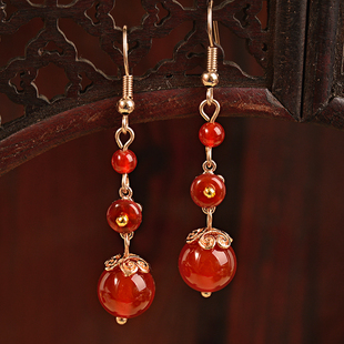红玛瑙长款耳环配旗袍红色系耳饰女复古气质古风2022年新款潮耳坠