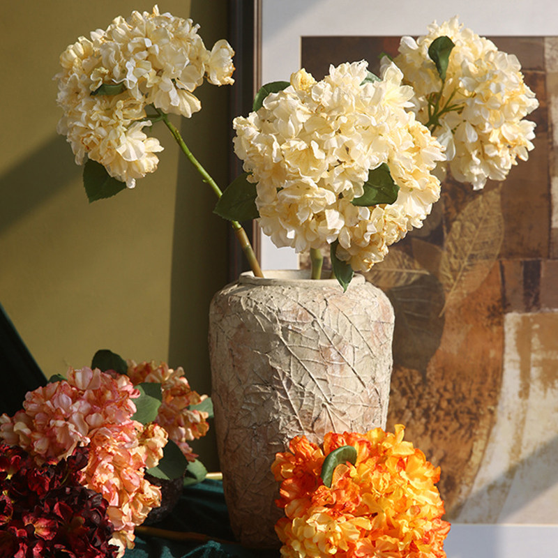 3支法式绣球仿真花焦边油画效果干花餐桌花家居软装客厅摆设