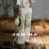 拖地 高腰宽松阔腿裤 J＆NINA弹力棉刺绣牛仔裤 女夏微喇裤