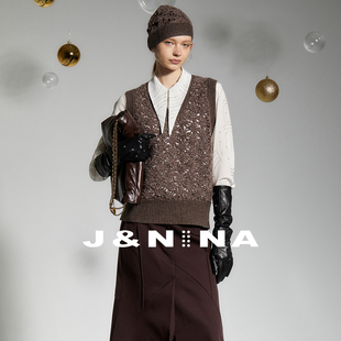 镂空深V领套头包肩羊毛针织衫 新款 马甲 2025秋季 J＆NINA捷恩尼纳