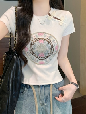 夏季新款修身圆领盘扣短袖T恤女