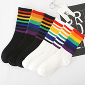 彩虹条袜子女中筒袜秋冬季 纯棉条纹高筒黑白色高帮外穿长袜ins潮