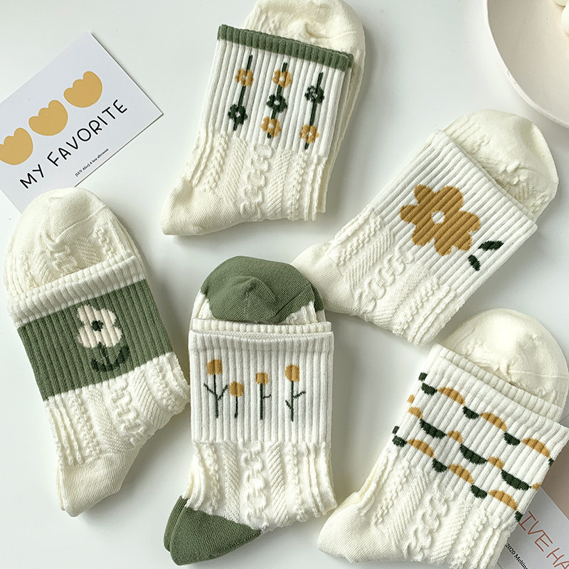 袜子女中筒袜纯棉秋冬款可爱百搭甜美小清新绿色小花春秋运动长袜,女士内衣/男士内衣/家居服,中筒袜,淘宝优惠券,粉丝福利购,淘宝优惠卷