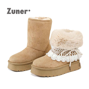 尊儿厚底毛绒雪地靴女款2025冬季保暖舒适蕾丝翻边多穿增高中筒靴