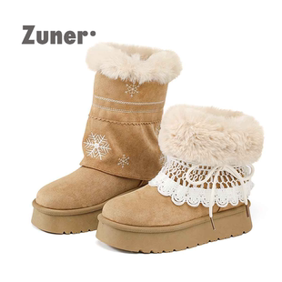 尊儿雪花加厚三穿雪地靴2025冬季爆款花边可拆翻折设计中筒毛毛靴