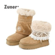 尊儿雪花加厚三穿雪地靴2025冬季 爆款 花边可拆翻折设计中筒毛毛靴