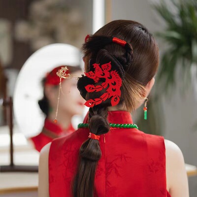 新款新娘头饰红色植绒凤凰剪纸