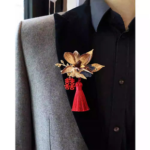 中式新款蝴蝶兰红色双喜胸花新郎新娘结婚胸花襟花全套T
