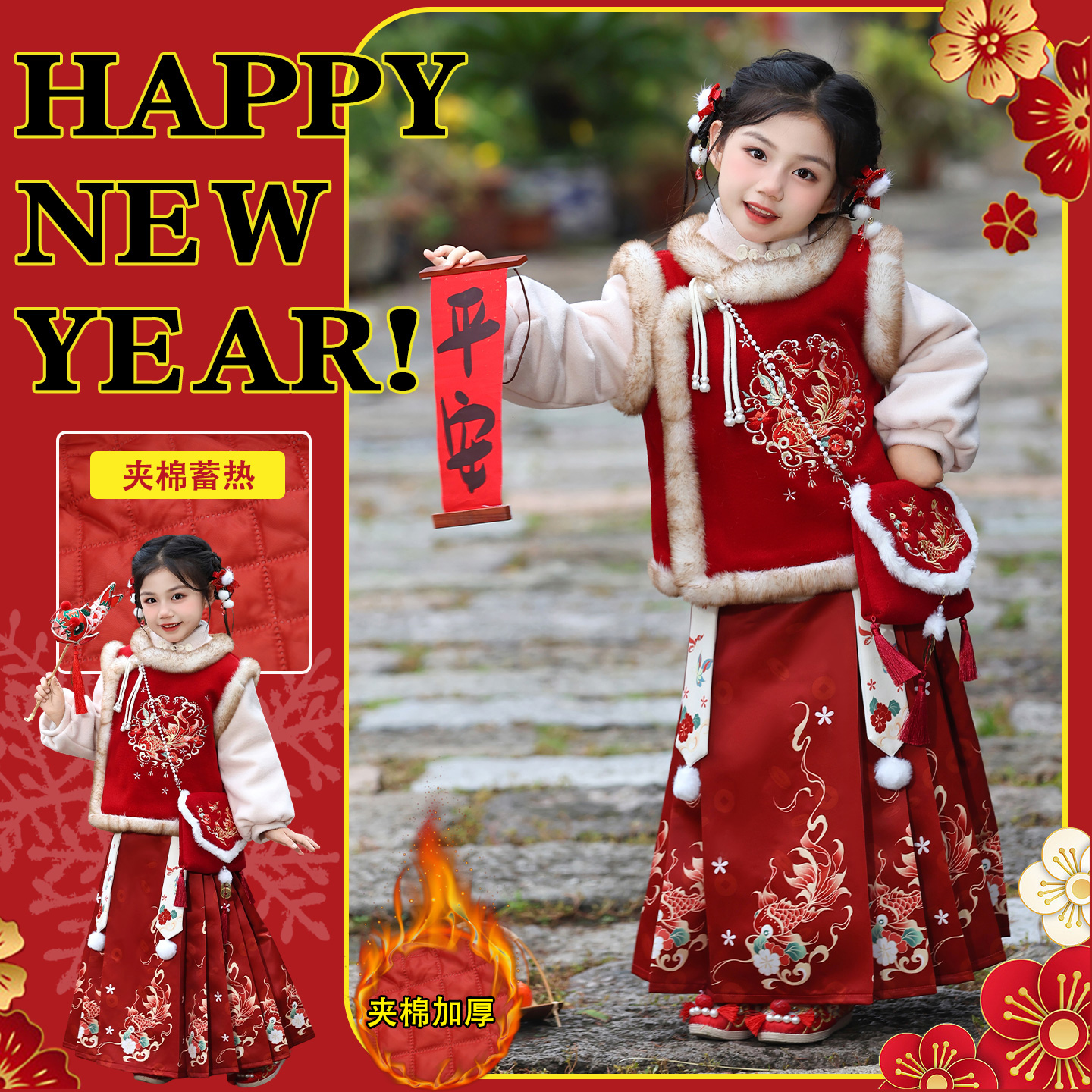 女童汉服冬季马面裙拜年服格格服