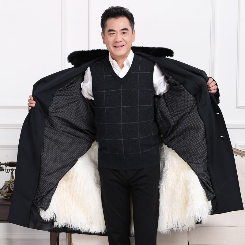 中老年羊皮大衣外套羊皮袄滩羊毛皮毛一体长款大衣尼克服长款男冬