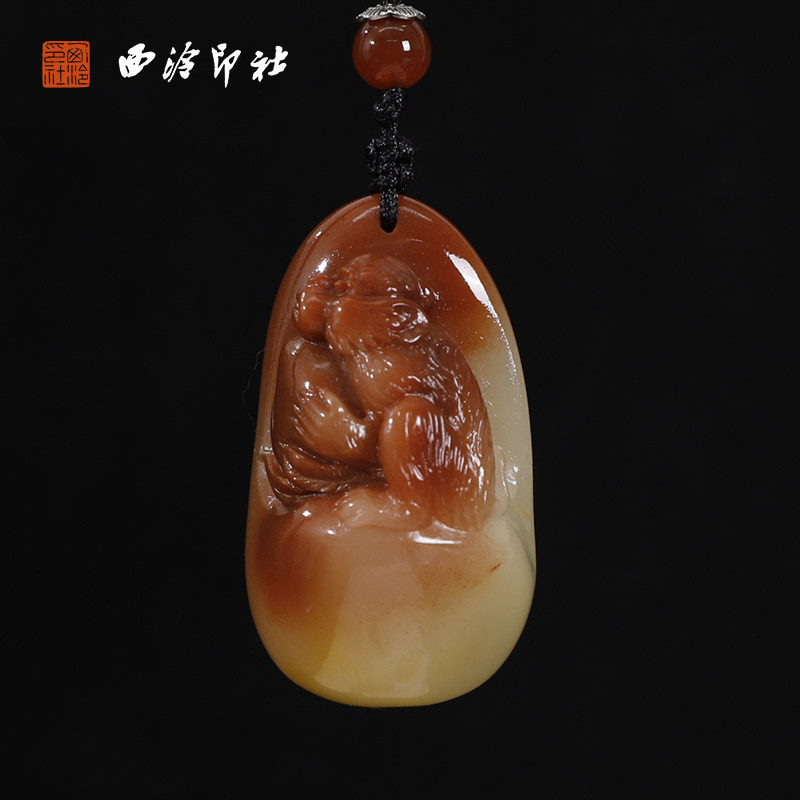 【西泠印社】寿山石灵猴献桃挂件孤品天然挂坠绳吊坠绳手把件钥匙车内摆件男女项链手工雕刻石材印石送礼收藏