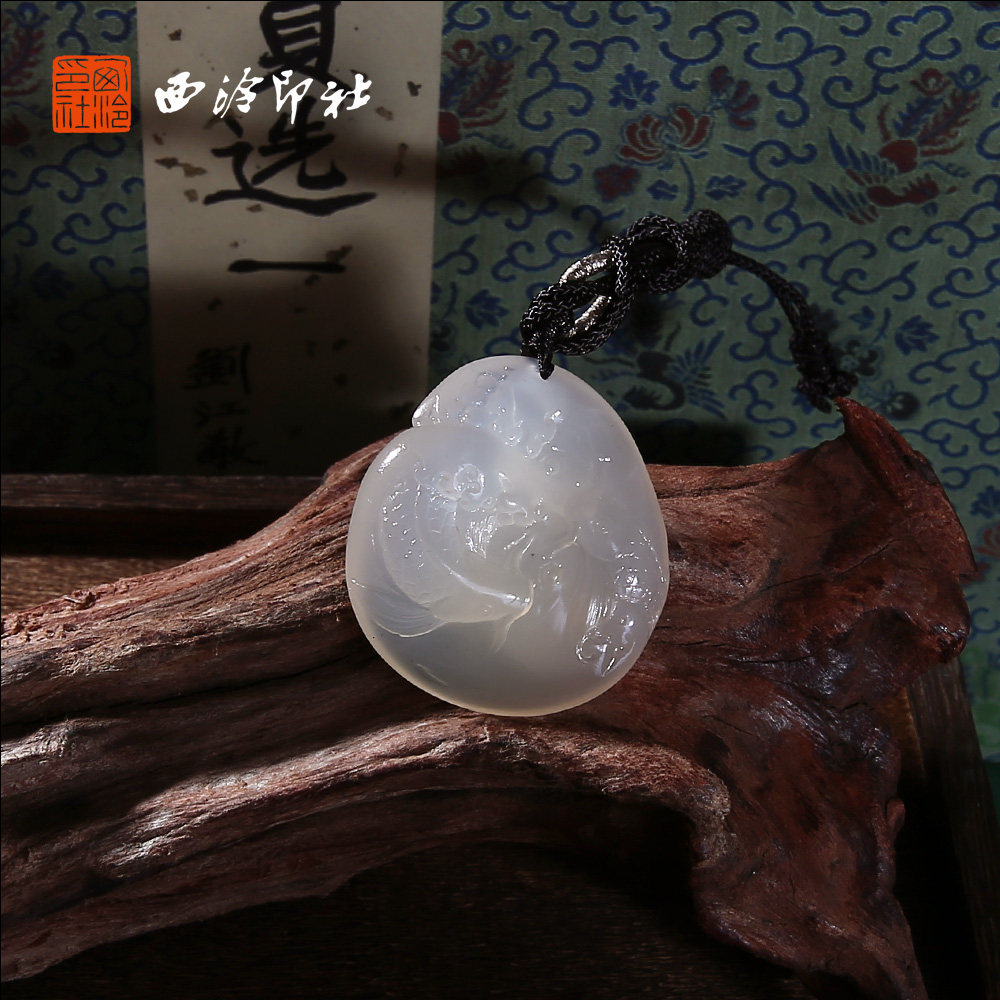 【西泠印社】寿山石年年有鱼挂坠孤品天然吊坠绳手把件腰牌钥匙挂坠车内摆件男女项链手工雕刻石材印石送礼