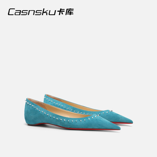 CASNSKU卡库 法式时尚漏指缝日常蓝色平底鞋女绒面铆钉浅口单鞋女
