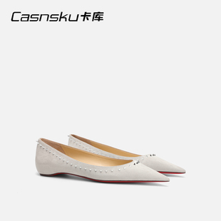 CASNSKU卡库 2026新款灰色平底鞋女芭蕾舞鞋手工铆钉休闲绒面单鞋
