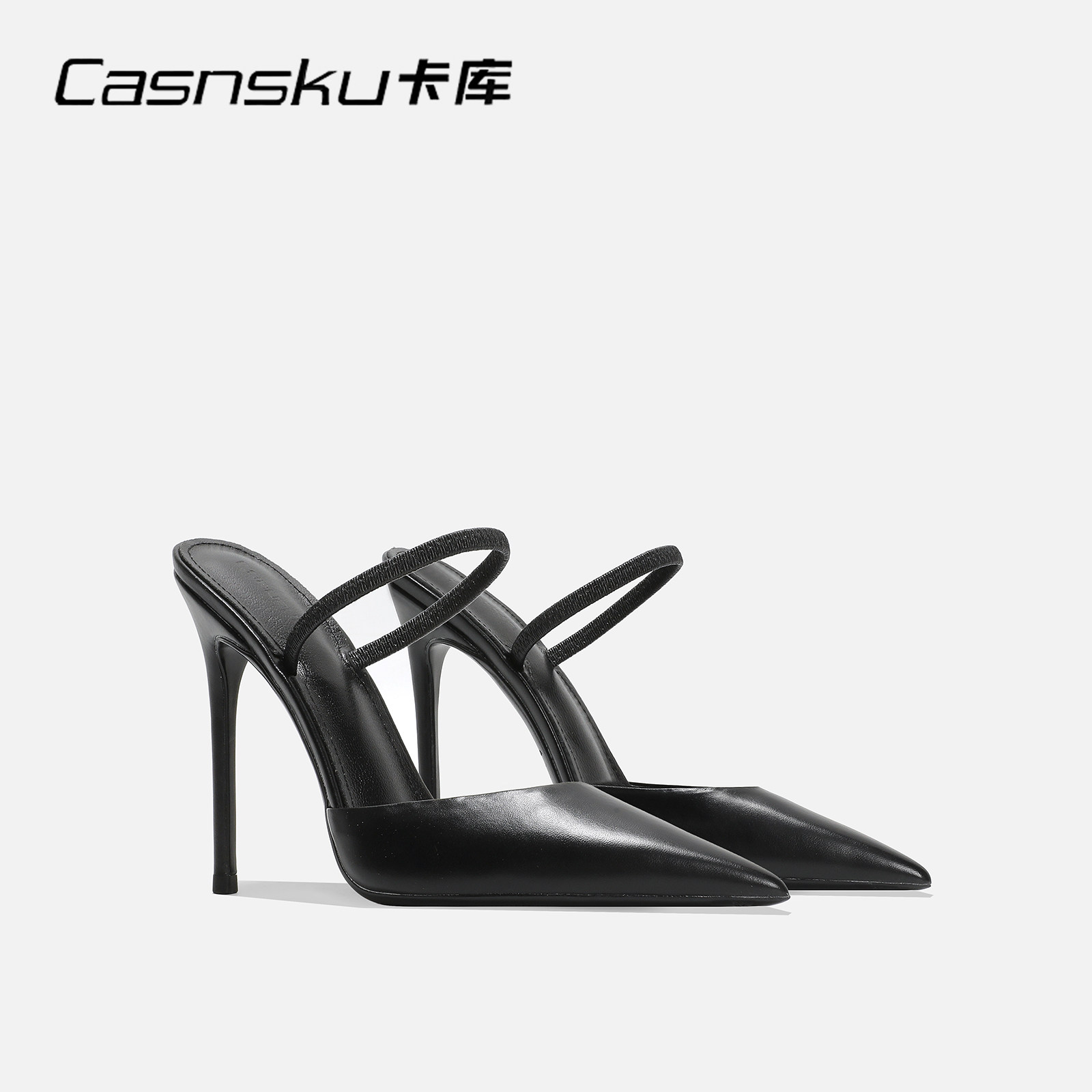 CASNSKU/卡库尖头单鞋女半包头凉鞋气质名媛黑色高跟鞋法式后绊带