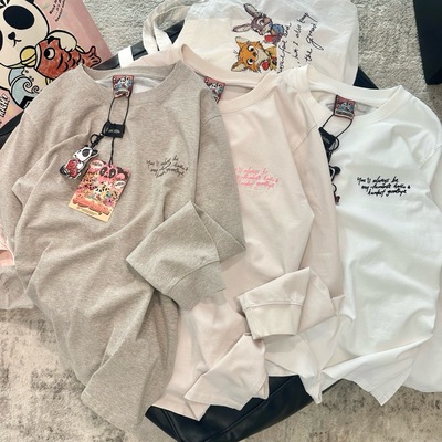 前后刺绣Pandawarks熊猫纸袋家纯棉长袖T恤百搭内搭打底衫潮上衣