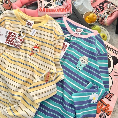 Pandawarks熊猫纸袋家纯棉条纹长袖T恤女宽松打底衫卡通刺绣上衣