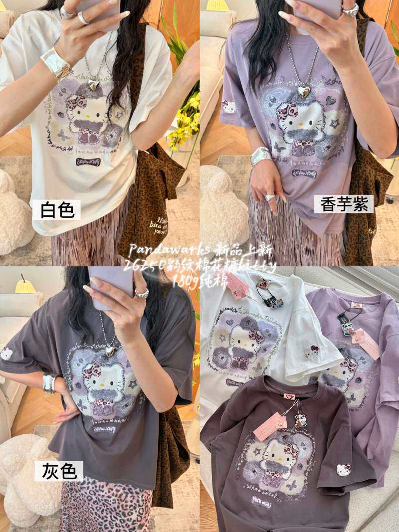 Pandawarks熊猫纸袋家夏季新款180g纯棉宽松短袖T恤韩系好看紫色