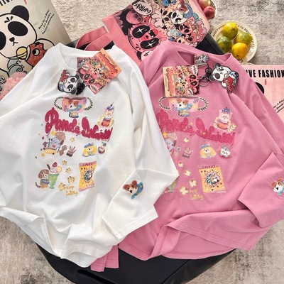 秋冬内搭Pandawarks熊猫纸袋家纯棉重工刺绣狗狗长袖T恤插肩袖潮