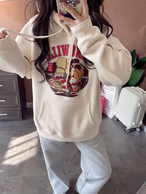 Yongwill小羊纸袋家加绒连帽卫衣女冬季加厚纯棉印花宽松中长帽衫