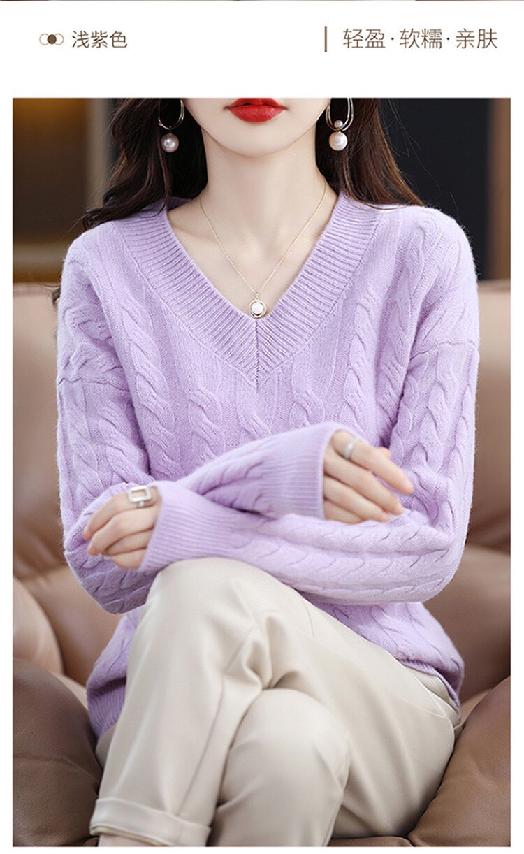100%纯羊毛衫女V领麻花针织打底衫宽松显瘦套头毛衣内搭长袖上衣