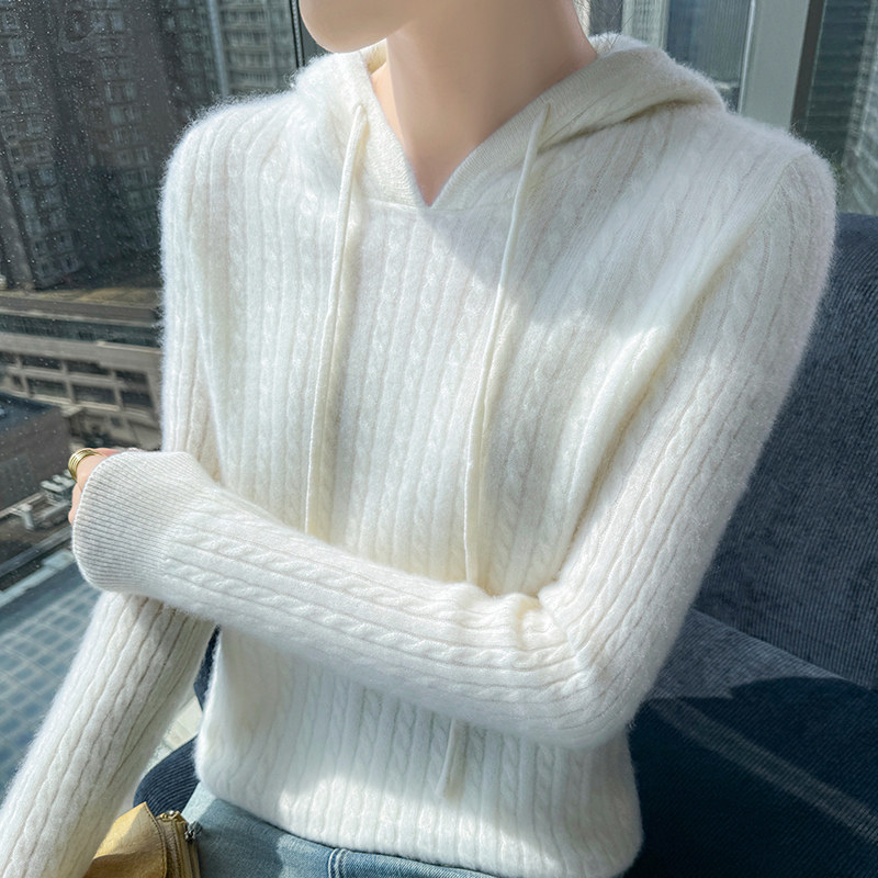25春秋冬新100纯羊毛衫女连帽针织衫套头毛衣打底衫百搭麻花帽衫