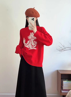 红色100纯羊毛衫女宽松圆领新年毛衣加厚本命年喜庆针织打底衫女