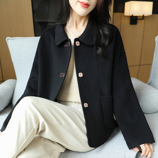 秋冬小个子双面呢外套女士100羊毛大衣宽松短款毛呢长袖纯色绒呢