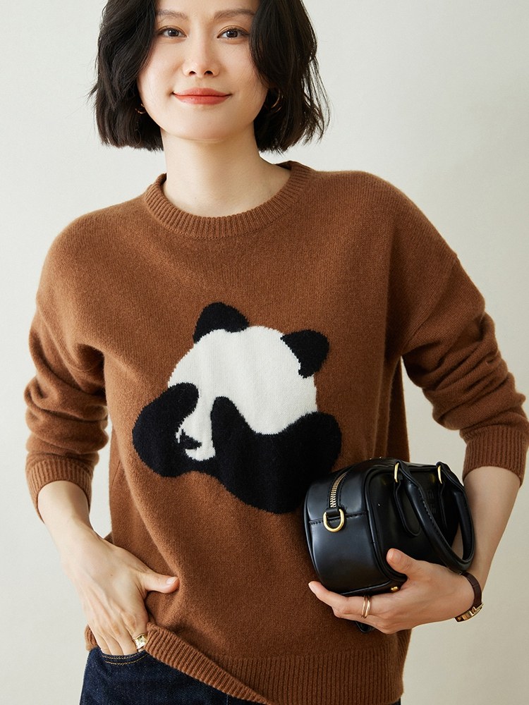 100纯羊毛衫卡通熊猫提花圆领毛衣女春秋冬宽松软糯针织衫,女装/女士精品,羊绒衫,淘宝优惠券,粉丝福利购,淘宝优惠卷